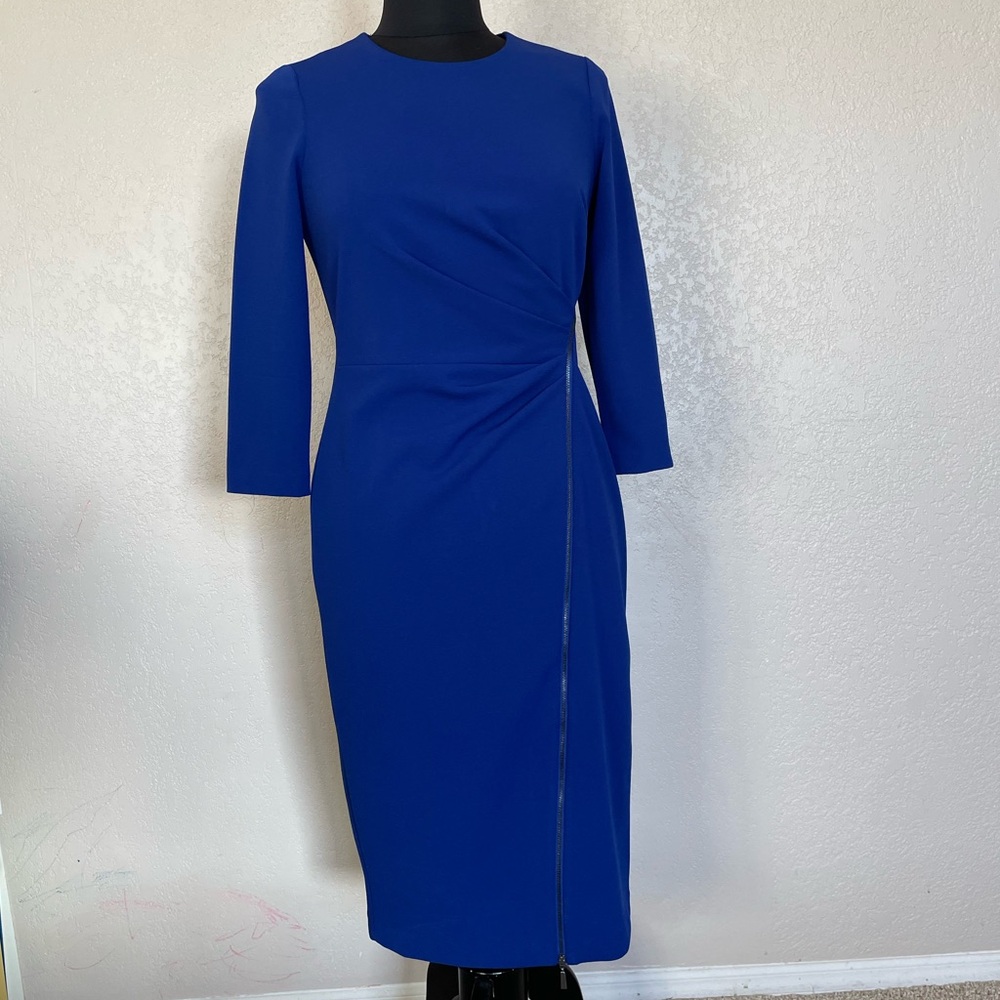 Calvin Klein Asymmetrical-Zip Sheath Royal Blue Long Sleeve Dress